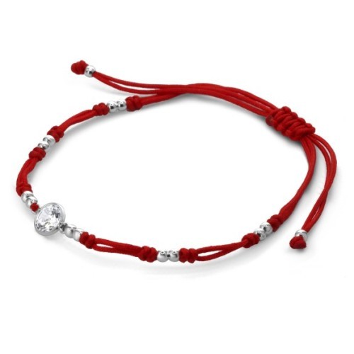 Pulsera de Plata 925 Macramé Hilo Rojo con Circón y Serie de Doble Esferas , Ajustable