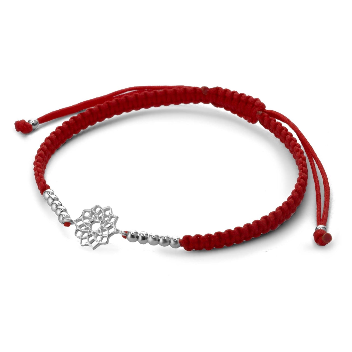 Pulsera de Plata Macramé Hilo Rojo con Flor de Loto con Serie de Esferas Lisa
