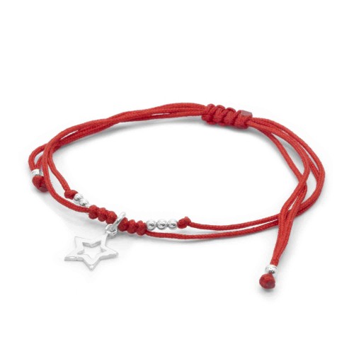 Pulsera de Plata 925 Hilo Rojo con Figura de Estrella y Esferas Lisas