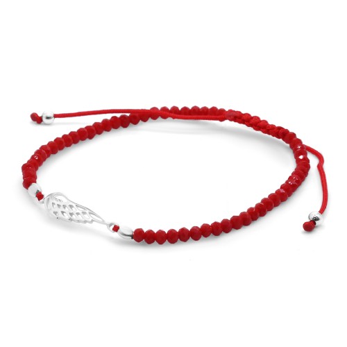 Pulsera de Plata 925 Macramé Roja con Cristales Rojos y Placa de Pluma
